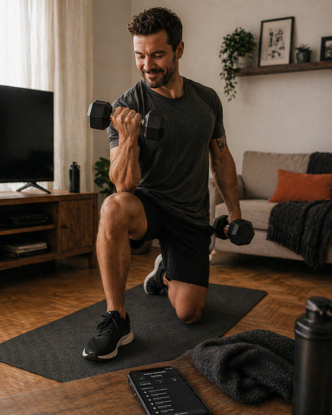 Homem de 40 anos treinando em casa